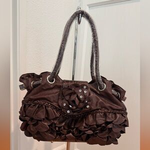 Brown Ruffled Shoulder Bag with Floral Accent